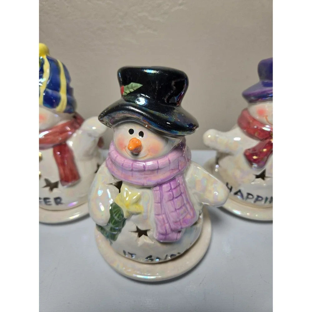 Vintage Ceramic Snowman Tealight Candle Holder Lot of 3 Christmas Holiday Decor